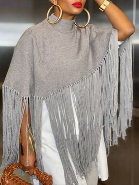 Fringe Frenzy Knit Poncho ▪︎ Slate ▪︎ XL